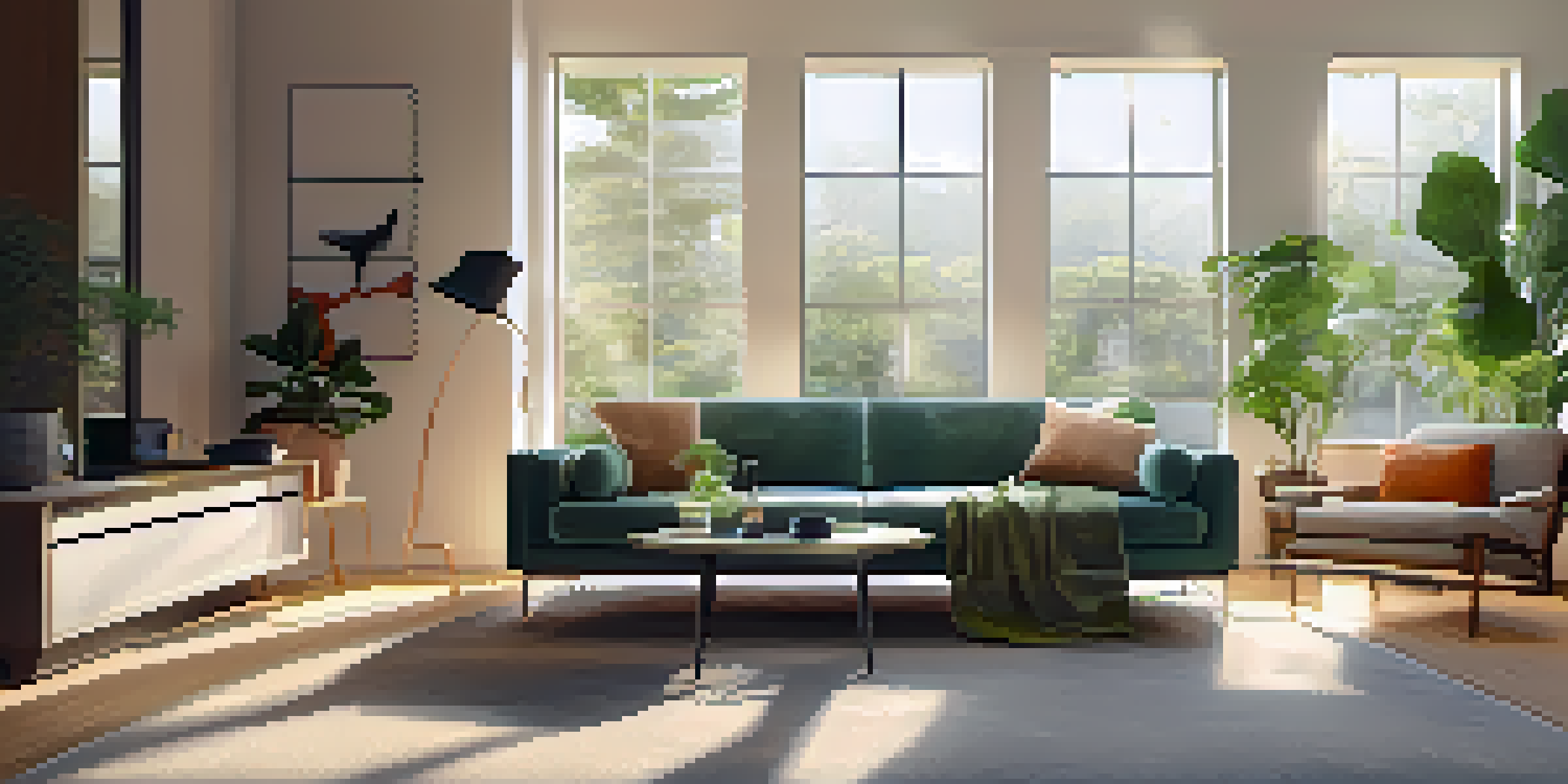 A contemporary living room with a smart thermostat, bright natural light, and modern furniture.