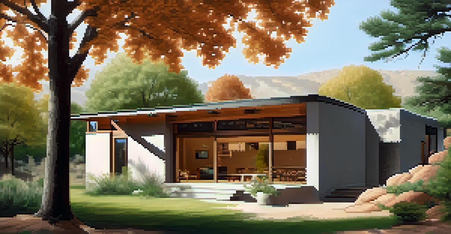 A sustainable home with adobe walls and large windows, surrounded by trees, illustrating thermal mass design.