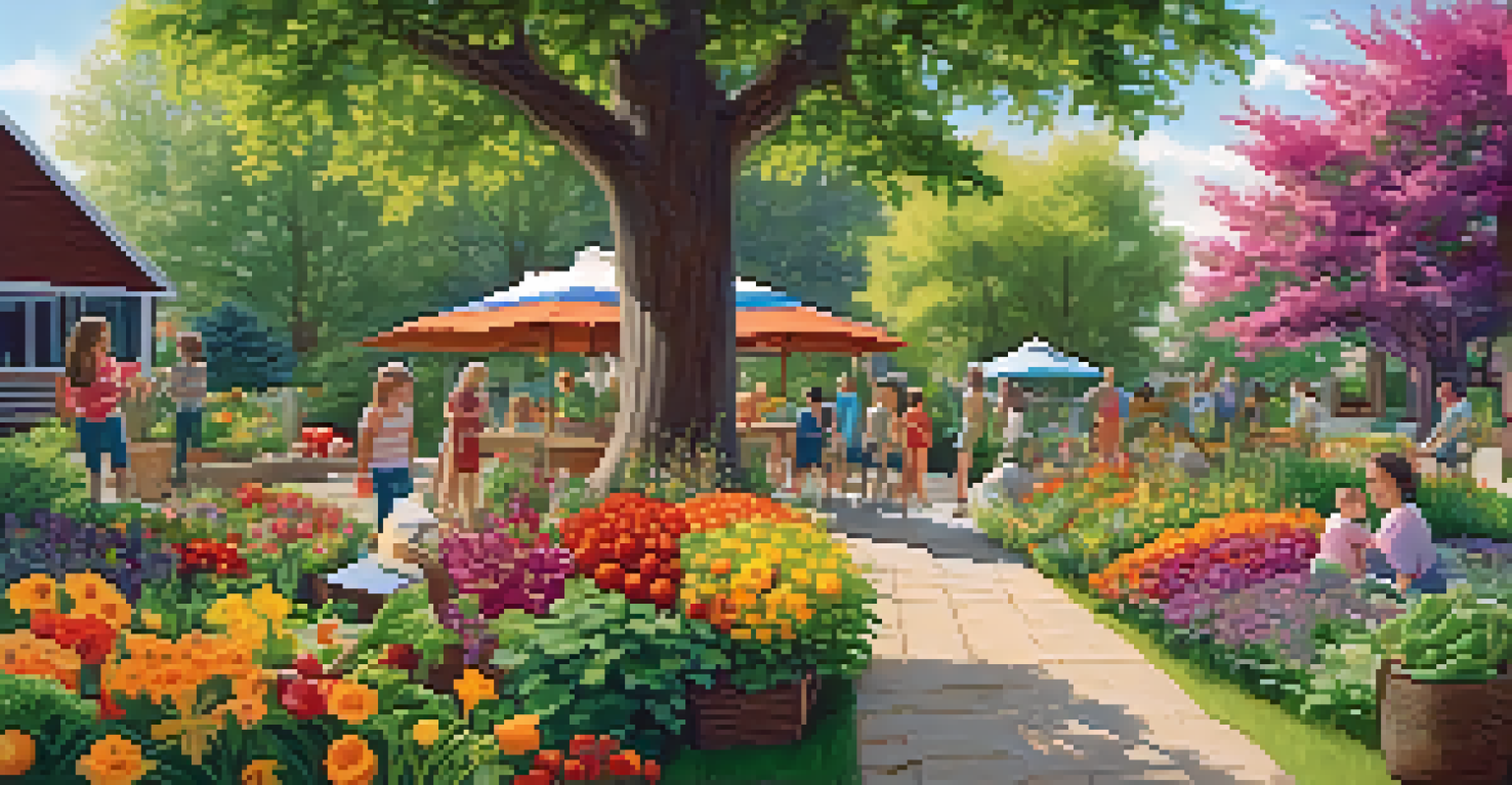 A communal garden with blooming flowers and vegetables, where family members of different generations enjoy the outdoors together.