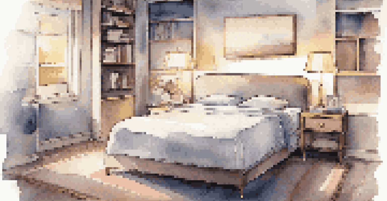 An elegantly set bedroom with a smart sleep mask, dim lighting, and a white noise machine on the bedside table.