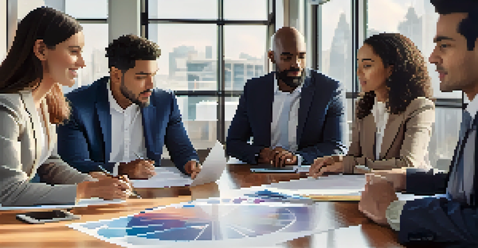 A group of diverse investors discussing real estate syndication in a bright conference room.