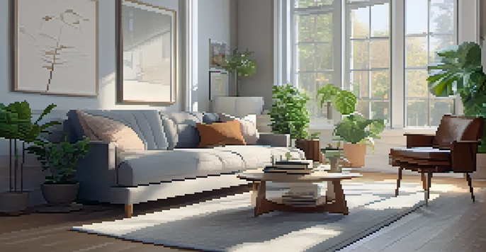 A cozy living room with modern decor, large window, plush sofa, coffee table with books, and indoor plants, illuminated by warm sunlight.
