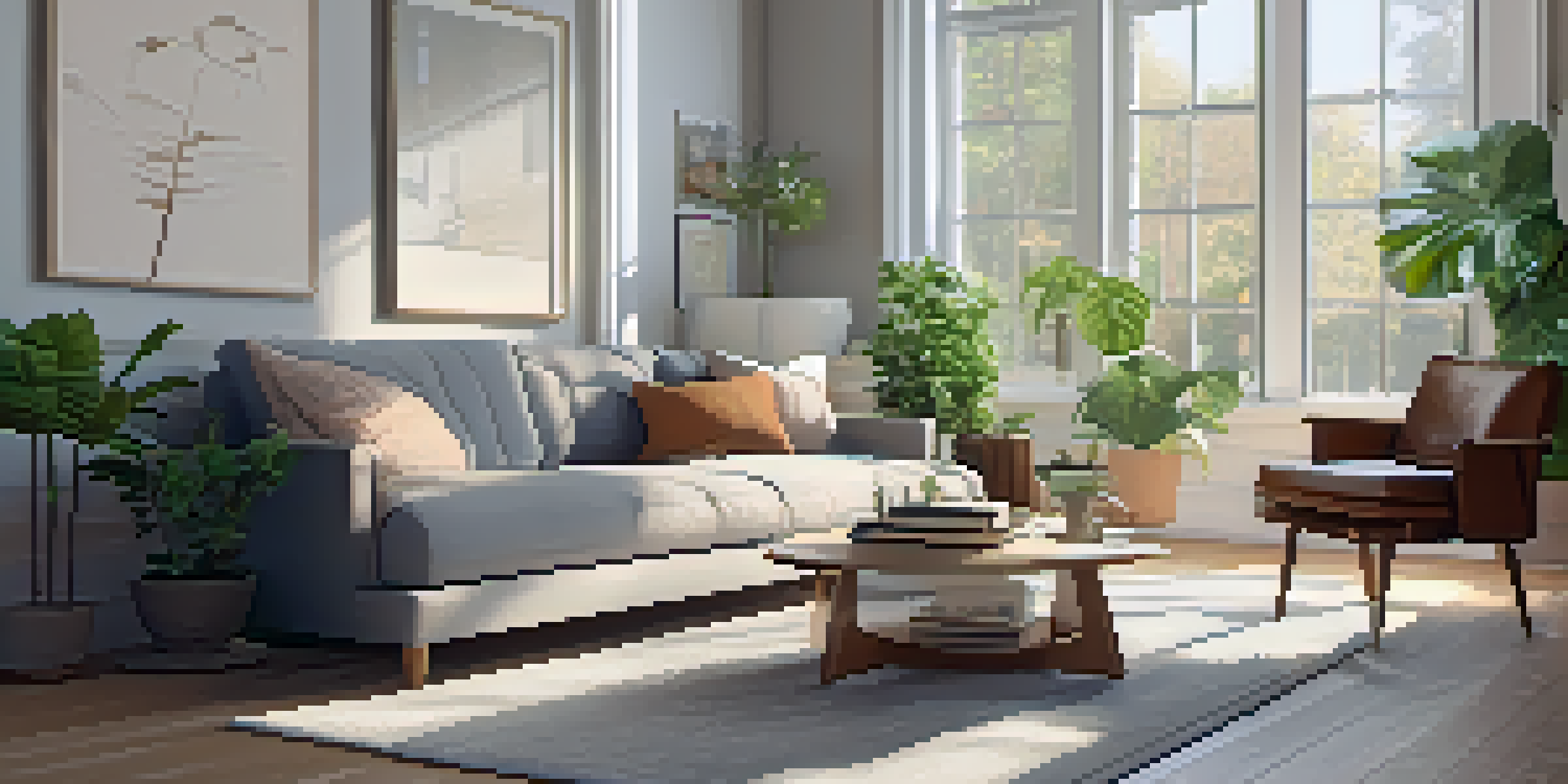 A cozy living room with modern decor, large window, plush sofa, coffee table with books, and indoor plants, illuminated by warm sunlight.