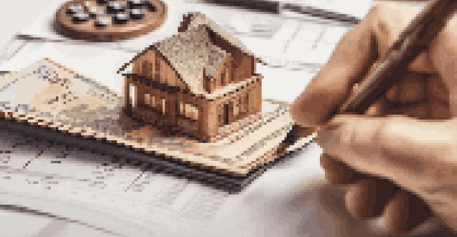 A hand holding a miniature wooden house model with financial documents and a calculator.
