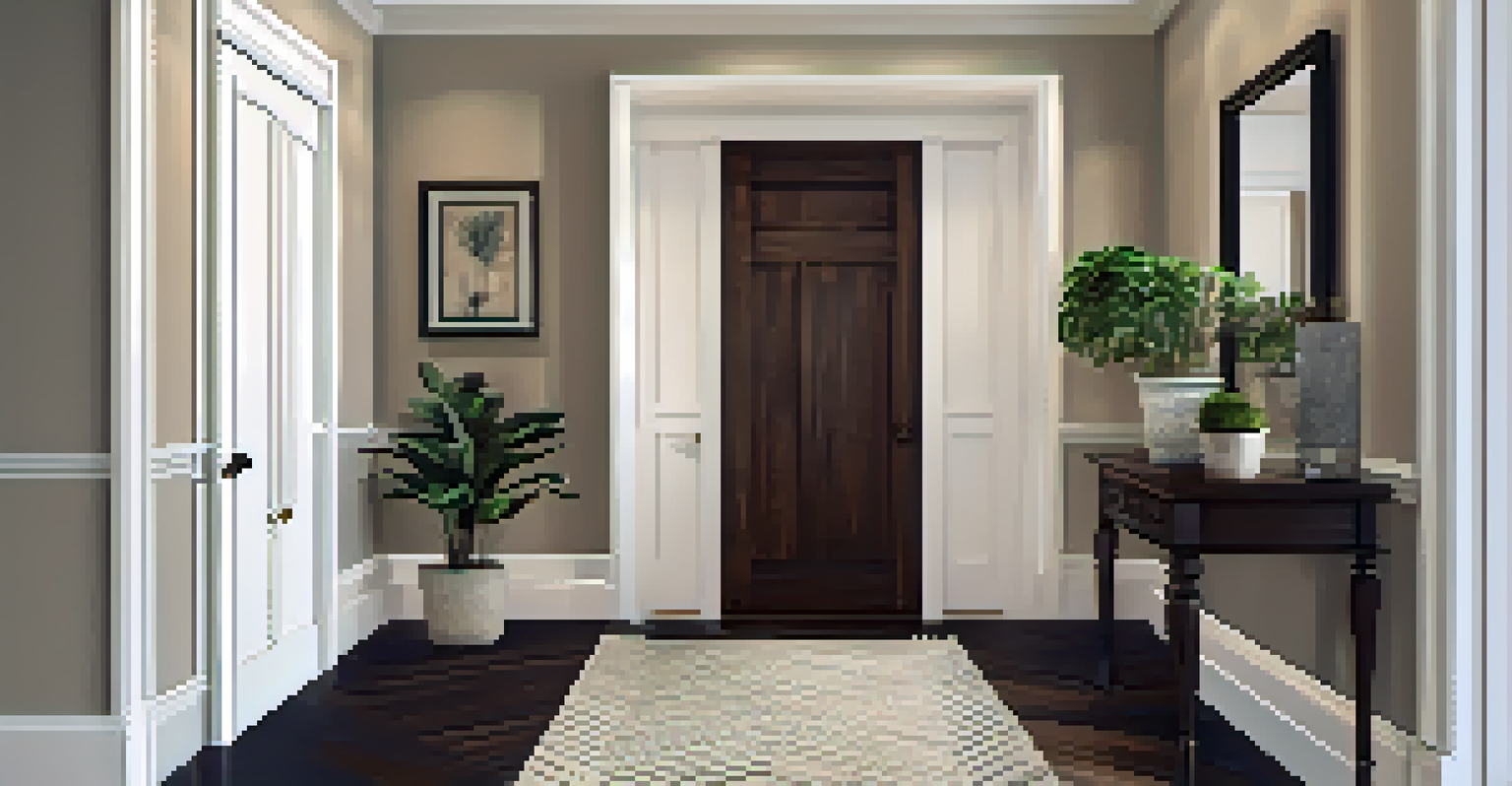 A sophisticated entryway with dark hardwood flooring in a herringbone pattern, an area rug, and a potted plant.