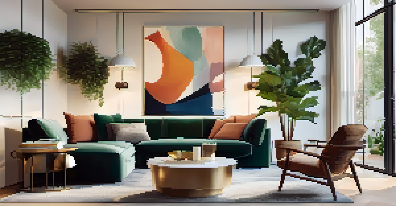 A cozy living room with contemporary furniture and warm lighting, enhanced by indoor plants.