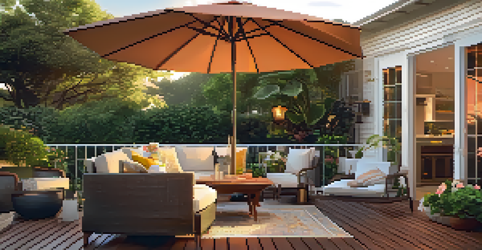 A renovated outdoor deck with seating, a dining area, and surrounding lush greenery during sunset.