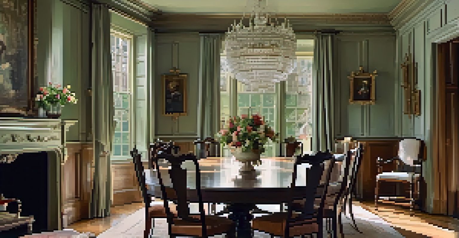 A historic dining room with a wooden table, antique chairs, and a chandelier, featuring large windows overlooking a garden.