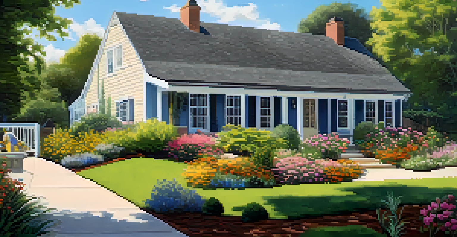 A well-designed outdoor space surrounding an energy-efficient house, featuring shaded areas from trees, vibrant native flowers, and a vegetable garden under a bright blue sky.