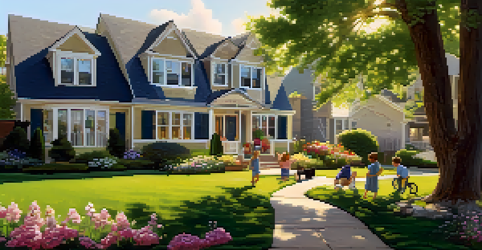 A picturesque suburban neighborhood in spring, with blooming flowers, sunny weather, and a family playing outside their house.