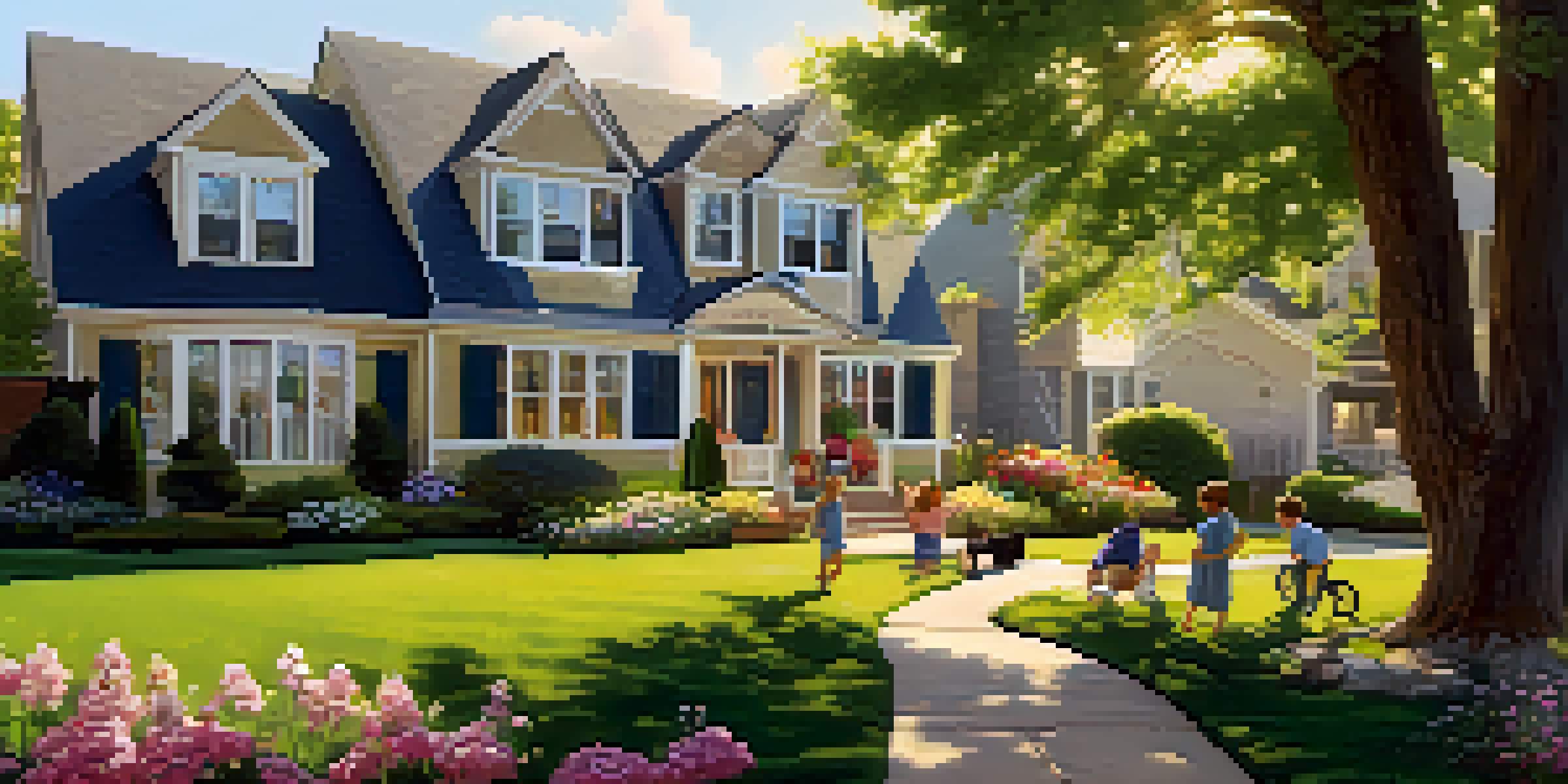 A picturesque suburban neighborhood in spring, with blooming flowers, sunny weather, and a family playing outside their house.