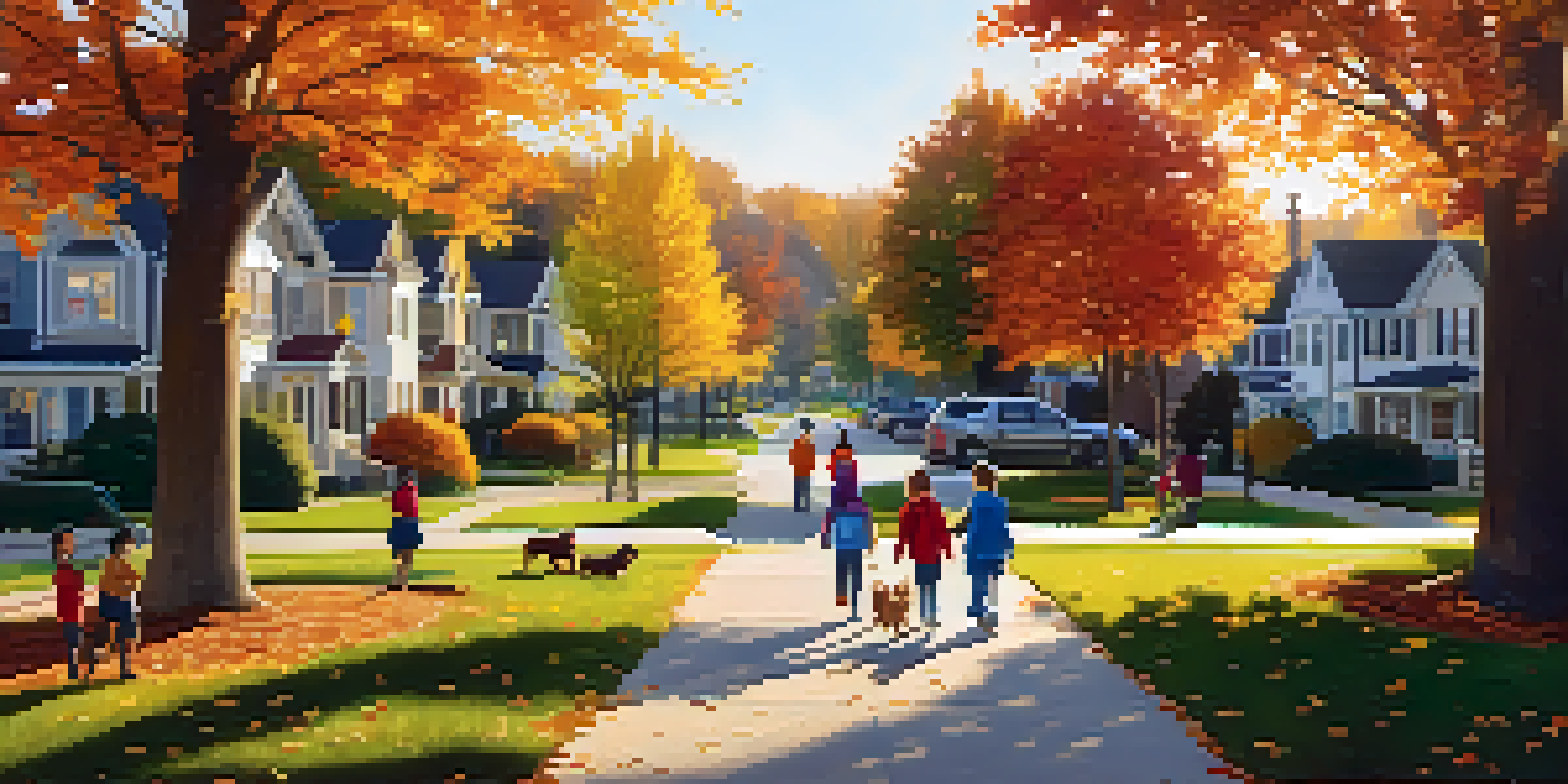 A sunny suburban neighborhood with colorful trees and families enjoying the park.