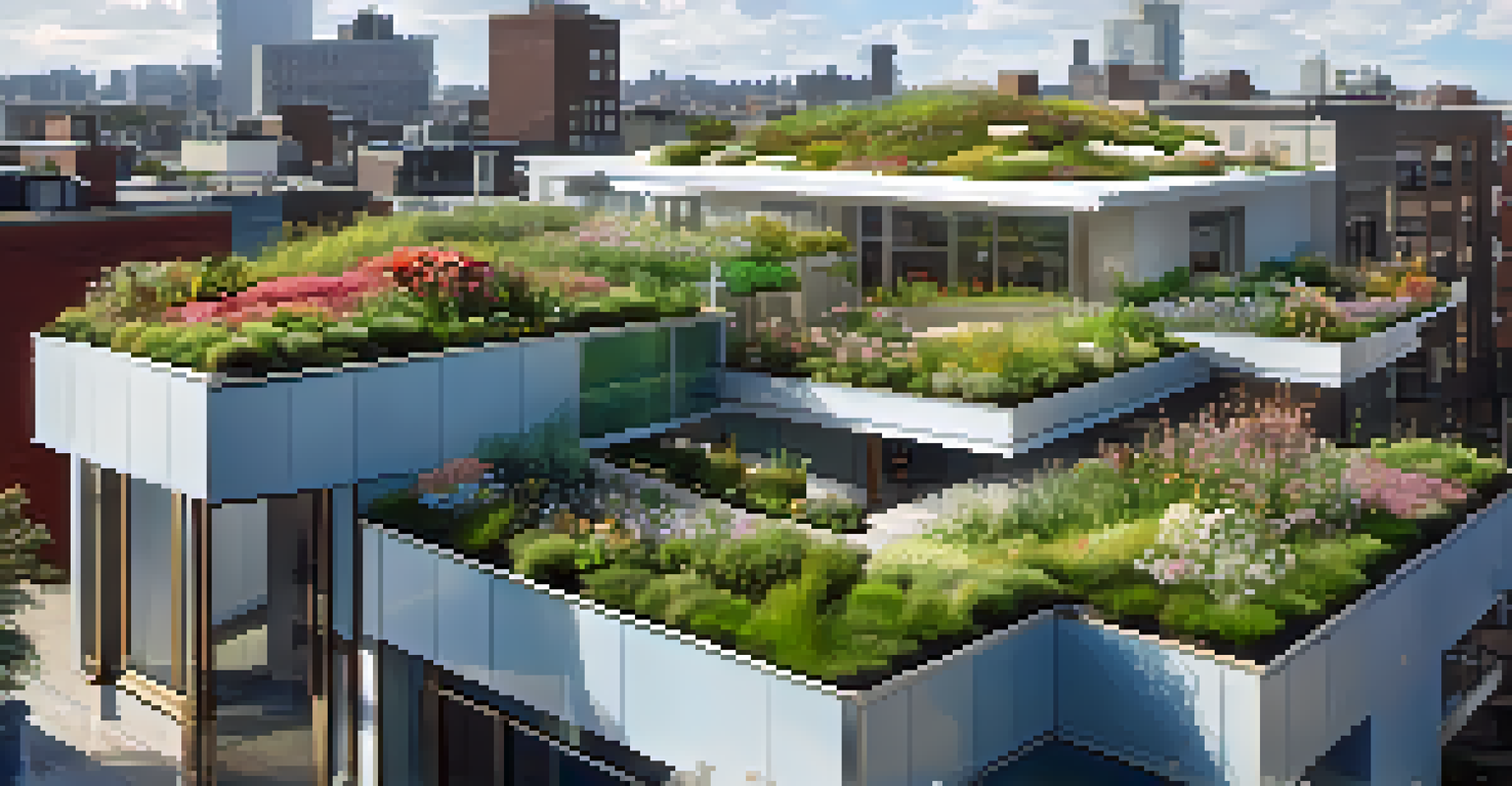 A panoramic view of a residential green roof garden with seating and flowering plants under a blue sky.