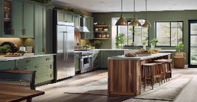 A modern kitchen with energy-efficient appliances and reclaimed wood cabinets, illuminated by natural light from large windows.