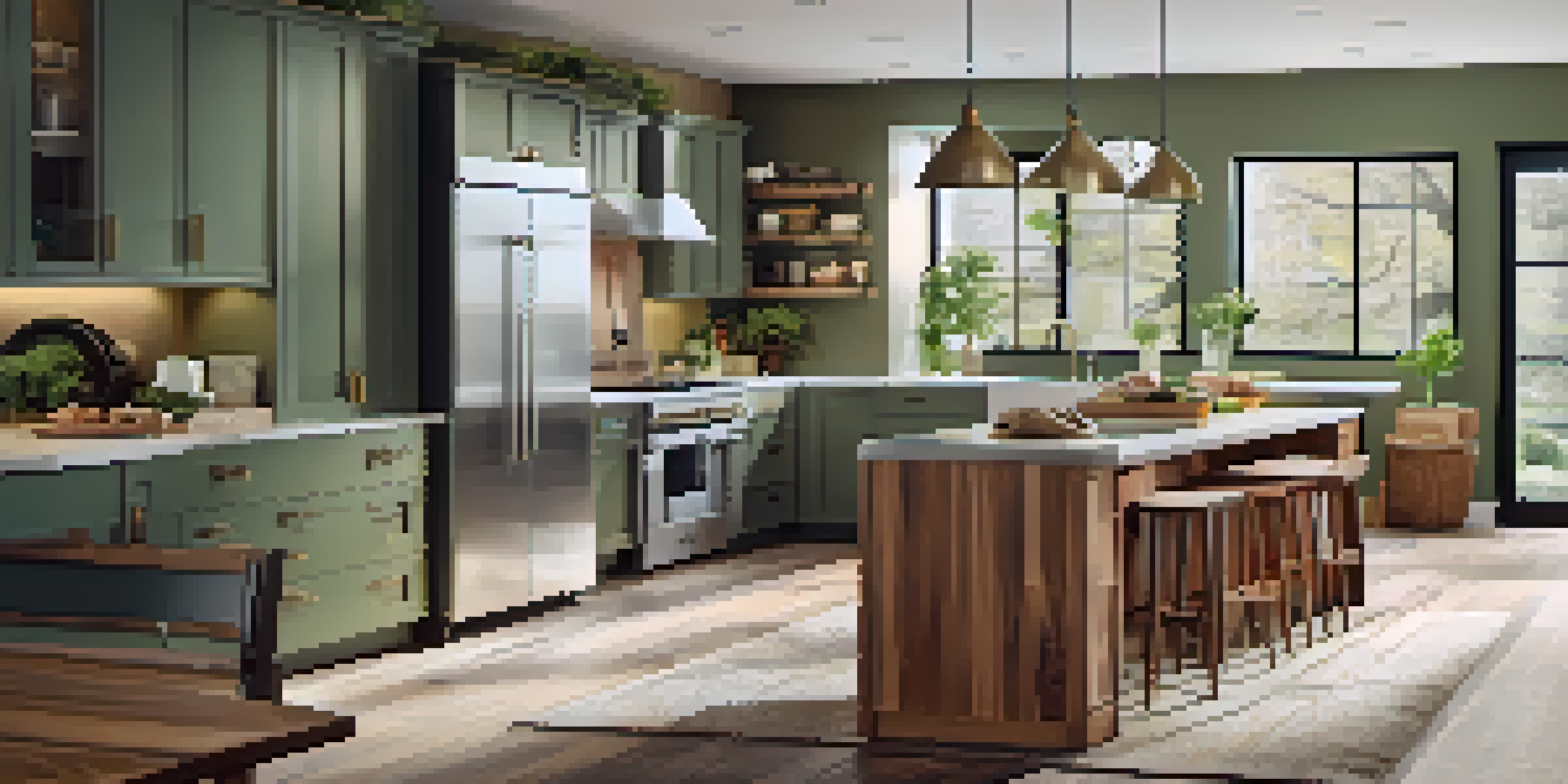 A modern kitchen with energy-efficient appliances and reclaimed wood cabinets, illuminated by natural light from large windows.
