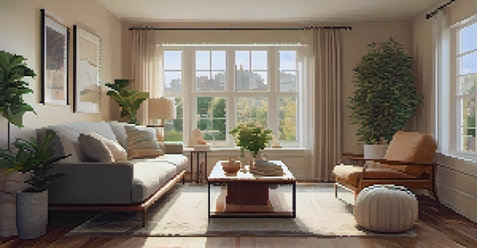 A cozy living room in an apartment, with soft brown and cream furniture, a large window, and a potted plant in the corner.