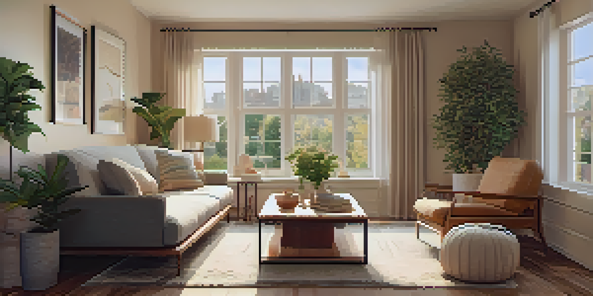 A cozy living room in an apartment, with soft brown and cream furniture, a large window, and a potted plant in the corner.