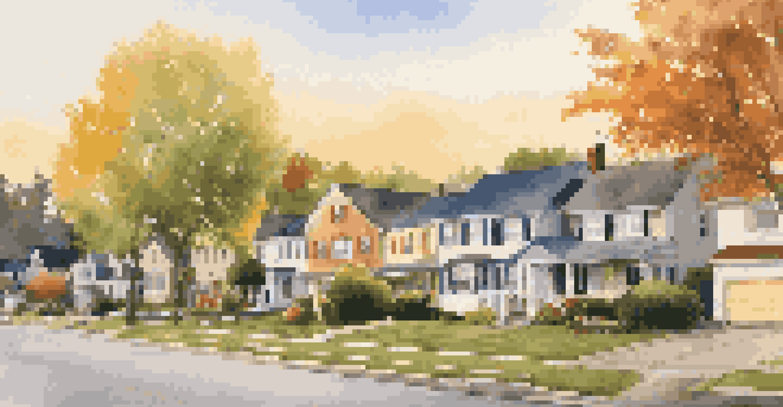 A picturesque suburban neighborhood with houses and a for sale sign.