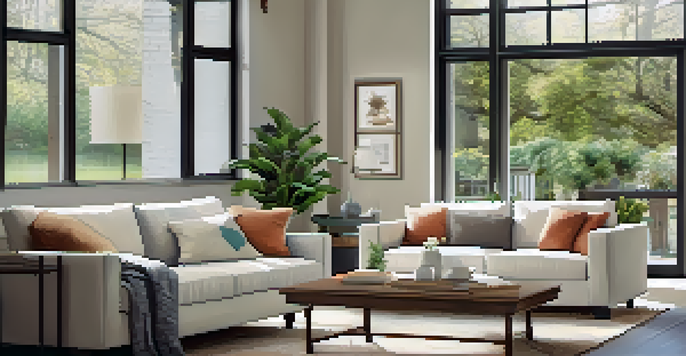 A cozy living room with modern decor, natural light, and a home warranty document on the coffee table.