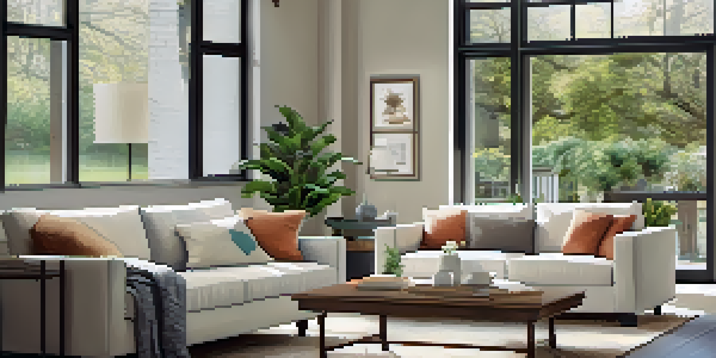 A cozy living room with modern decor, natural light, and a home warranty document on the coffee table.