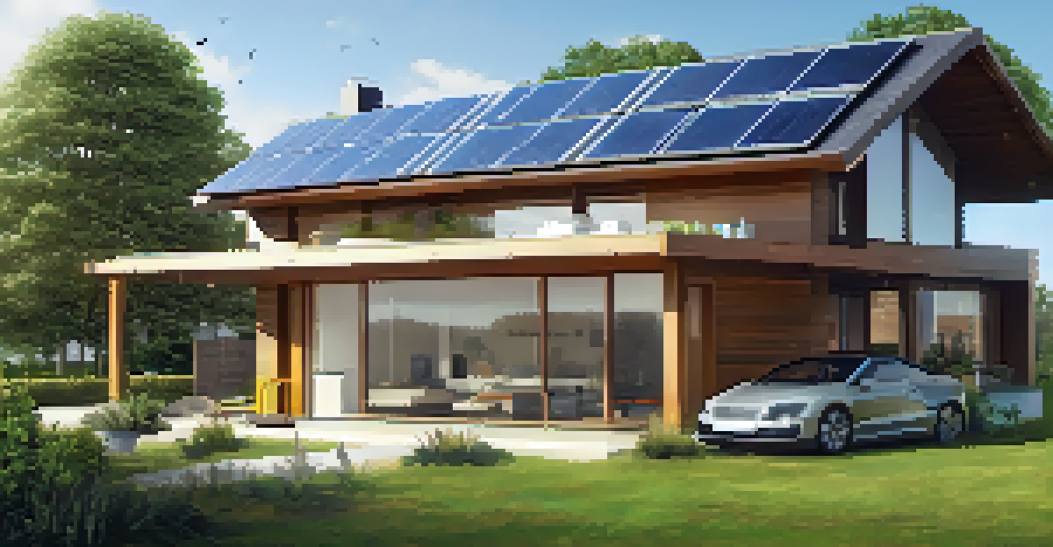 A house with solar panels on the roof, accompanied by a tablet displaying a smart energy management system, set against a sunny backdrop.