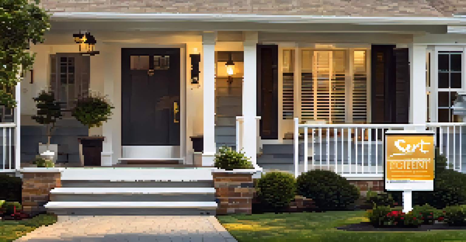 A residential property with beautiful landscaping and a 'For Rent' sign, illuminated by the warm light of a setting sun.