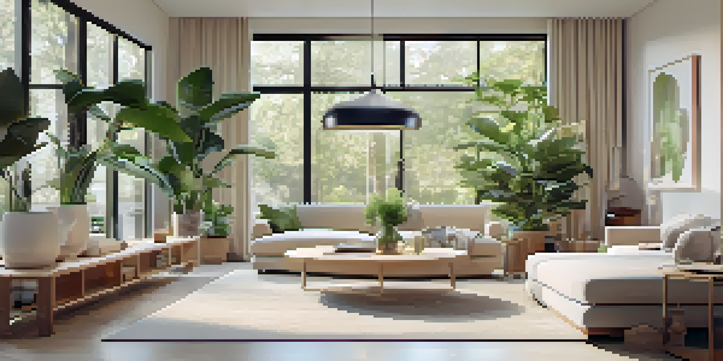 A bright and modern living room showcasing various smart devices like a thermostat and security camera, with natural light and plants.