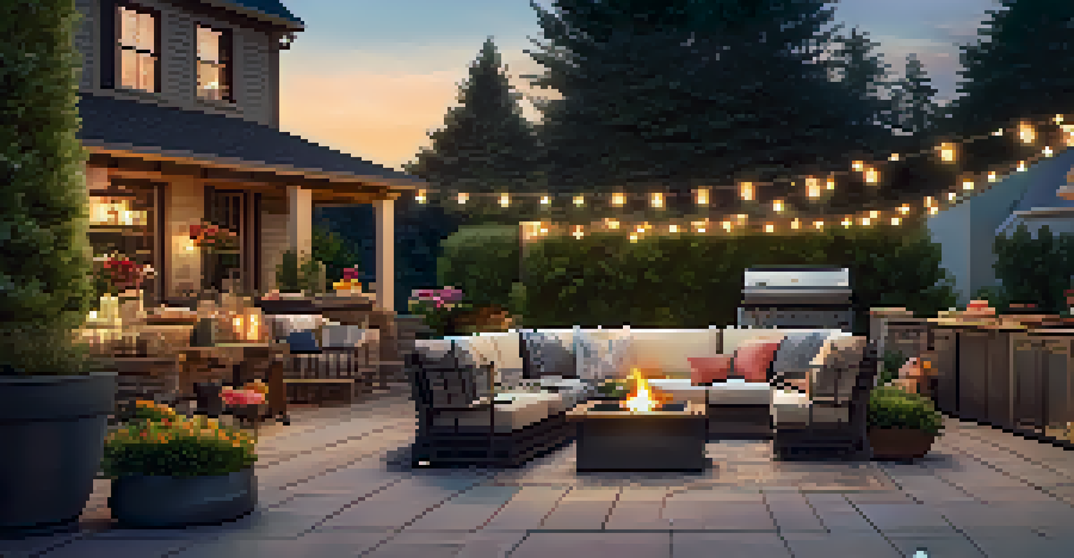 A beautiful outdoor living space with a garden, patio seating, and a fire pit, illuminated by fairy lights for evening gatherings.