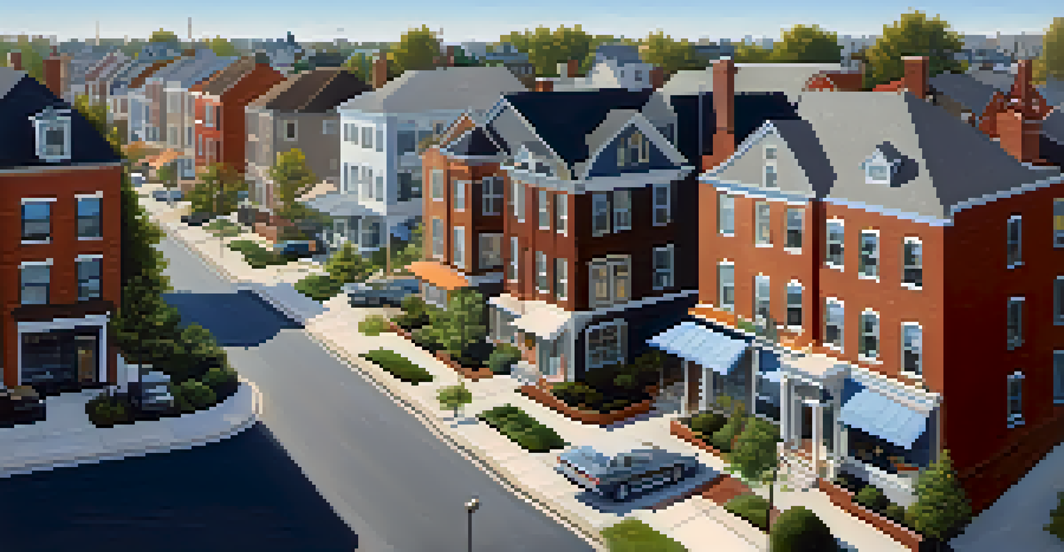 An aerial view of a suburban neighborhood with historic homes and modern buildings, featuring trendy cafes and construction cranes.