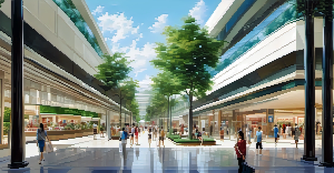 A luxury mall in Singapore surrounded by greenery, with shoppers and colorful storefronts under a clear blue sky.