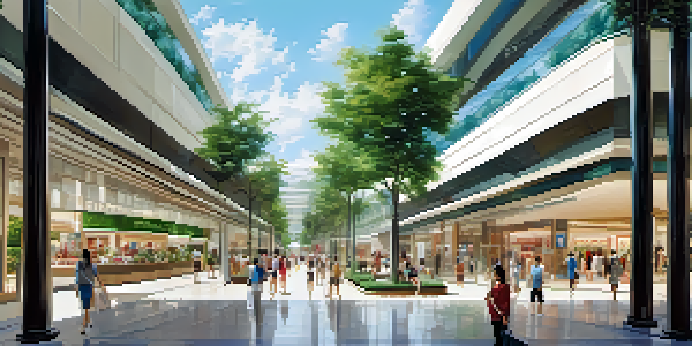 A luxury mall in Singapore surrounded by greenery, with shoppers and colorful storefronts under a clear blue sky.