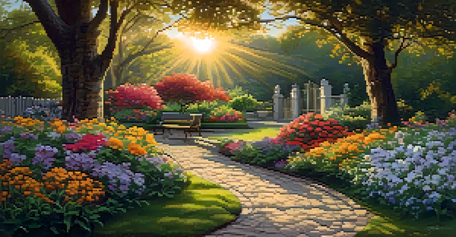 A beautiful garden with blooming flowers, a stone path, and a wooden bench under an oak tree at sunset.