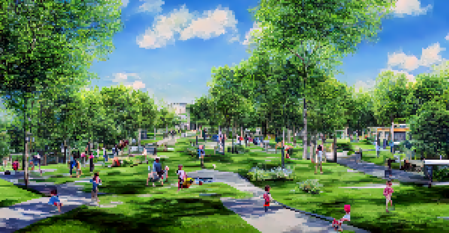 A modern residential area with eco-friendly homes, trees, and children playing in a park under a clear blue sky.