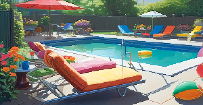 A bright and colorful backyard with a swimming pool, safety fence, and a beautiful garden.