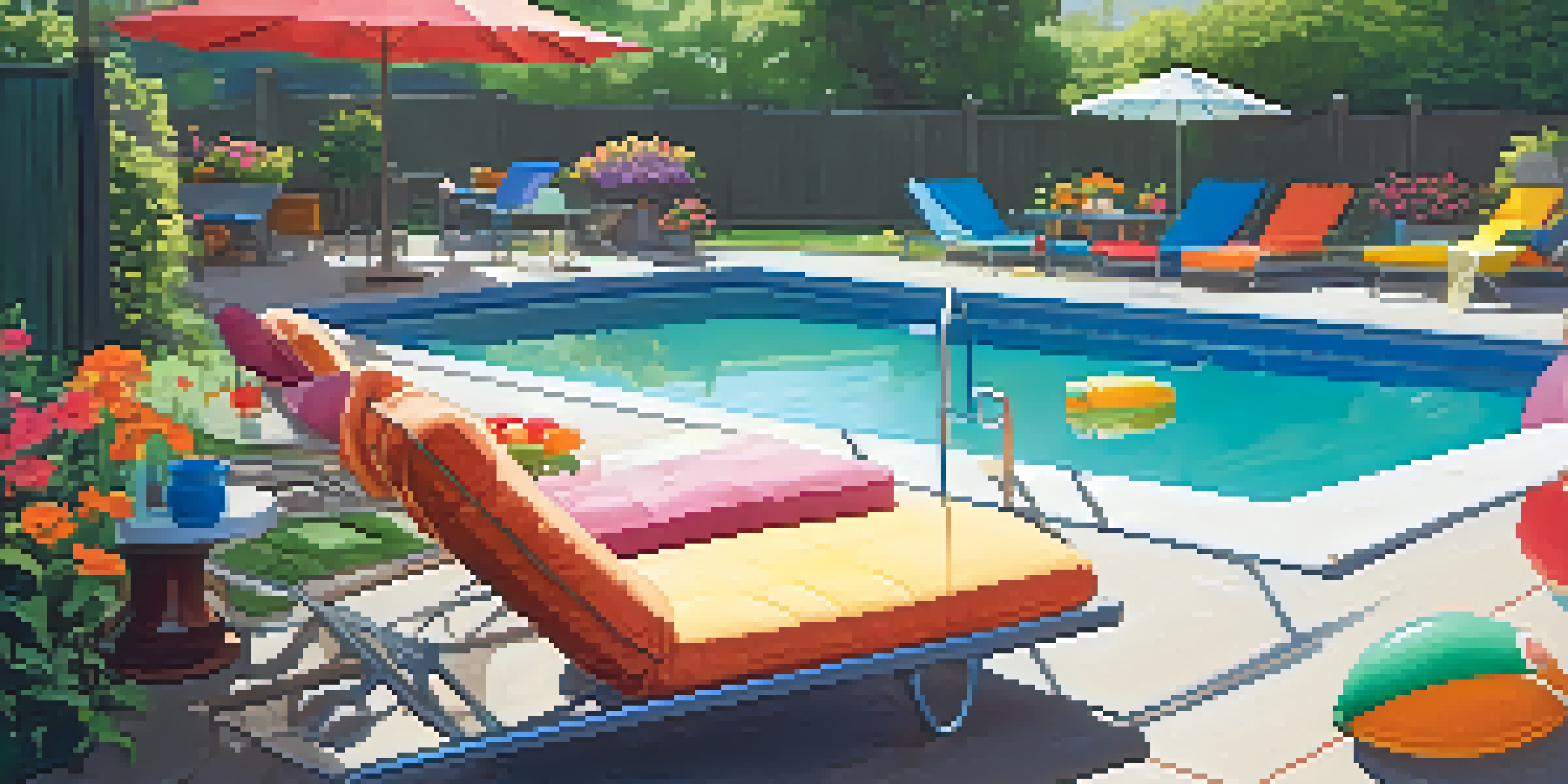 A bright and colorful backyard with a swimming pool, safety fence, and a beautiful garden.