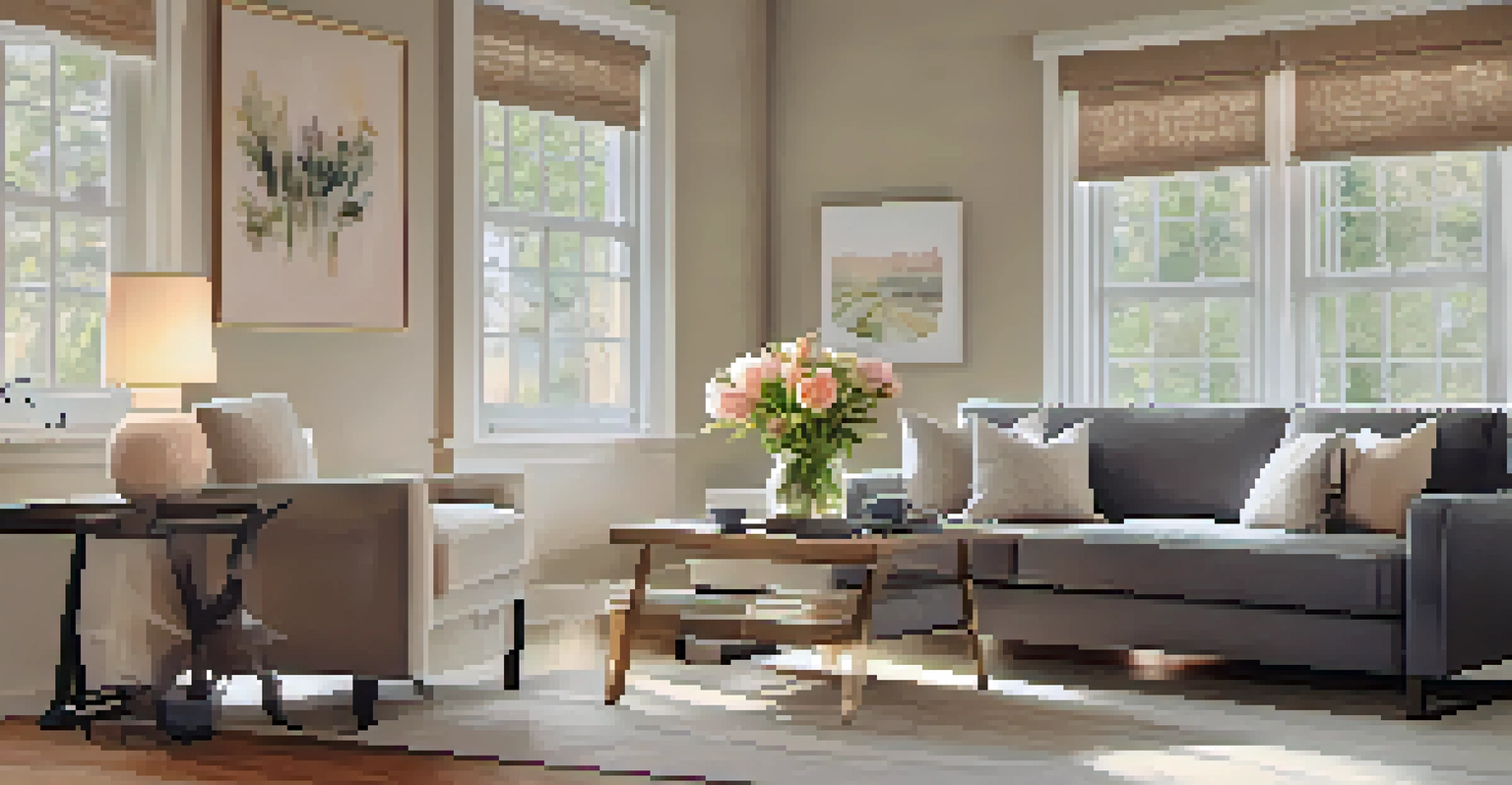 A cozy living room with warm lighting, a comfortable sofa, and a bright window letting in natural light.