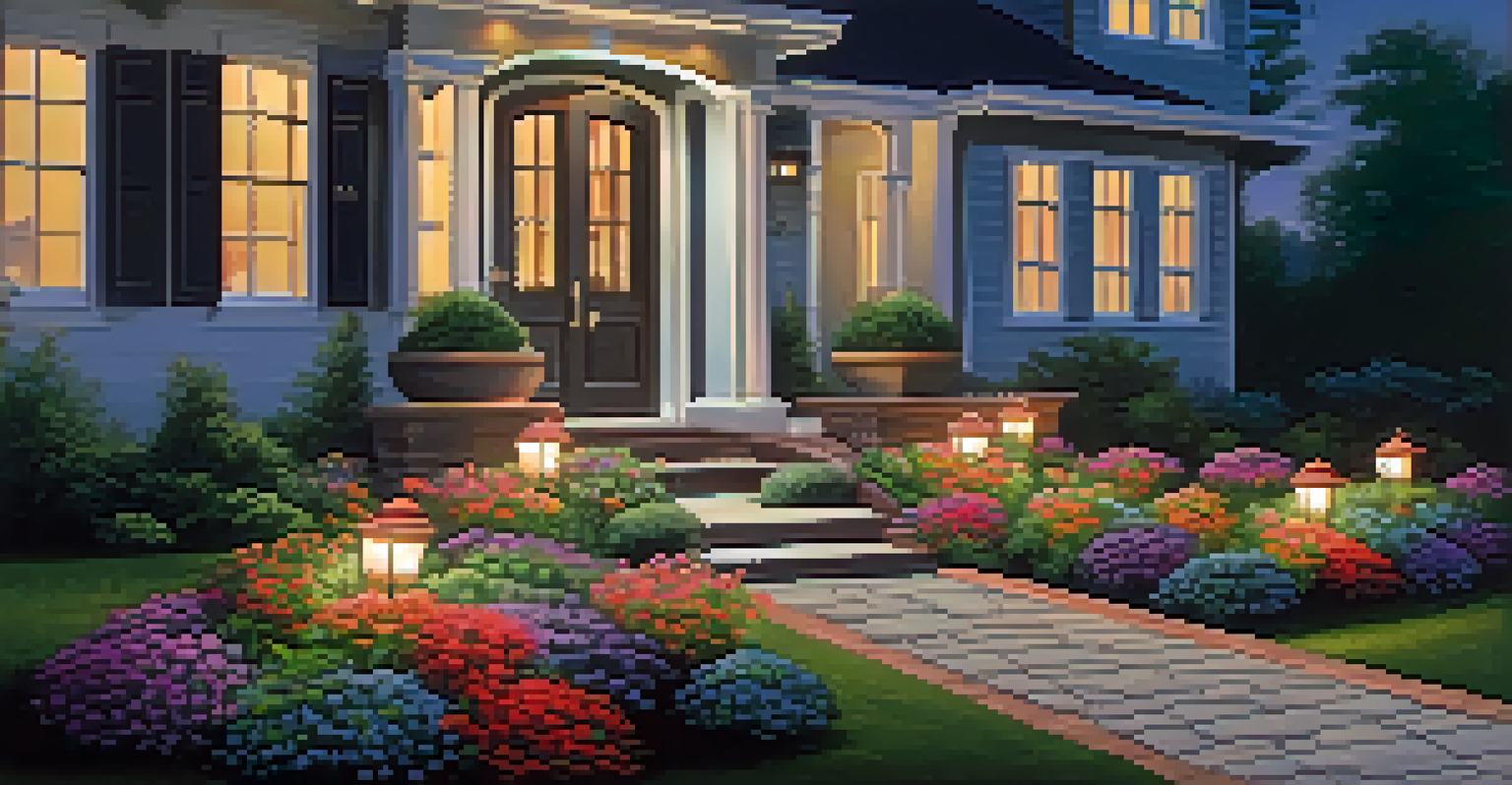 An outdoor pathway with motion-sensor lights, colorful flowers, and a lit front door at dusk.