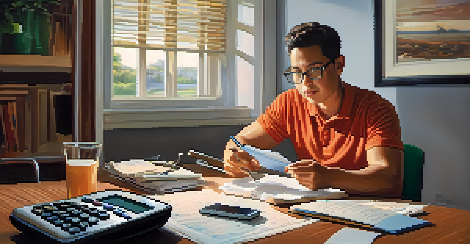 A person analyzing their credit report at a dining table with financial documents and a calculator.
