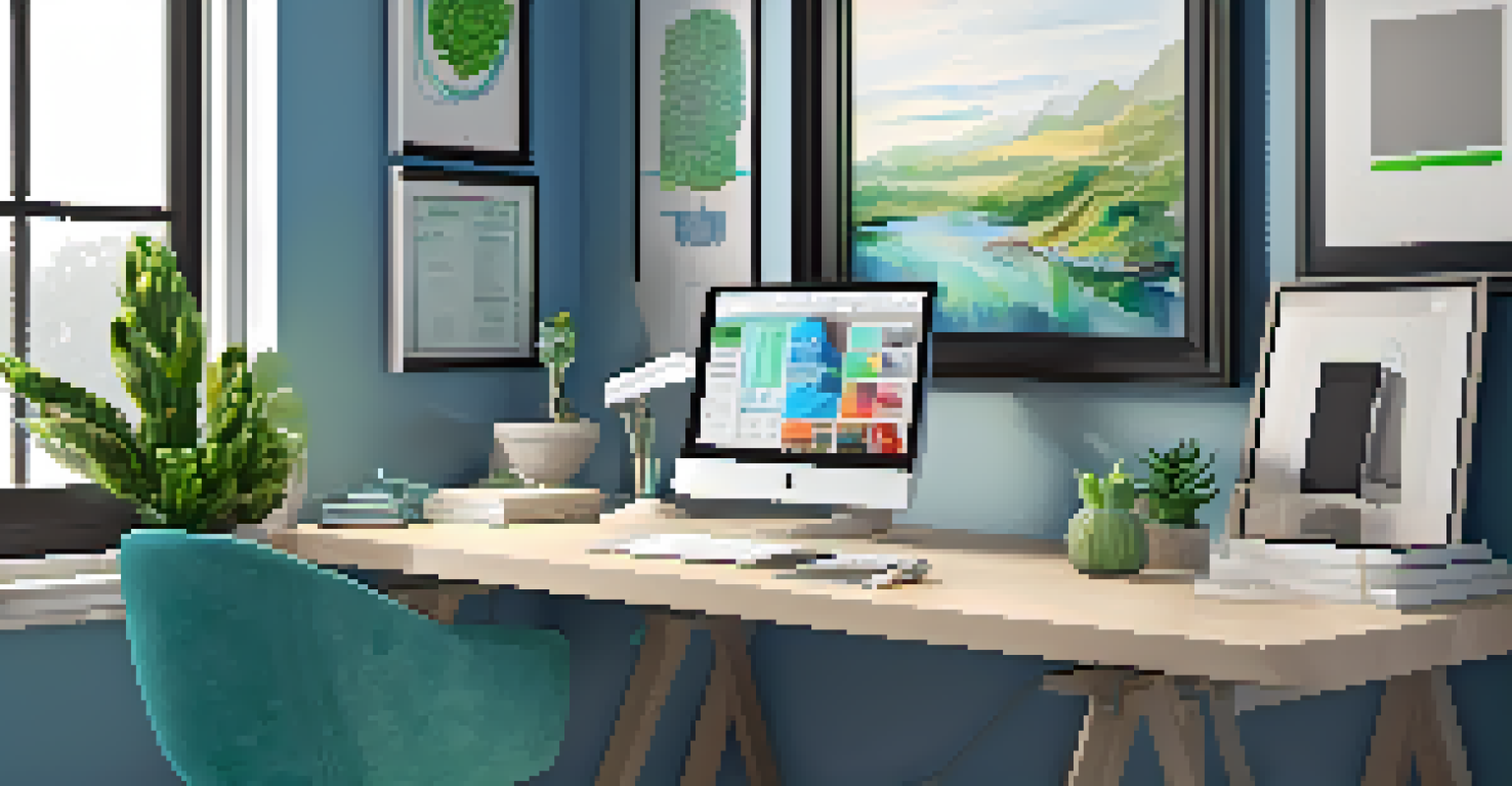 A modern home office with a height-adjustable desk, a monitor, and plants, decorated in calming blue and green tones.