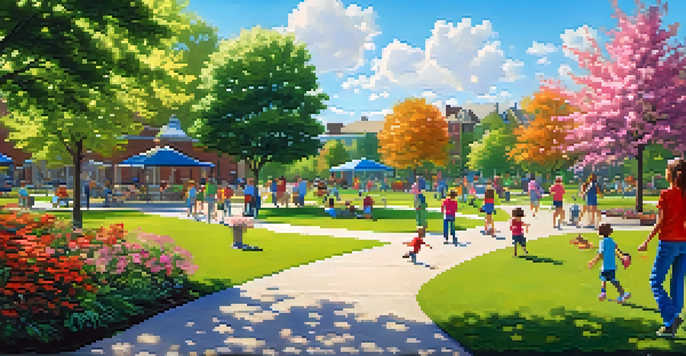 A lively park filled with families enjoying the day. Children are playing, friends are playing frisbee, and beautiful flowers adorn the area.