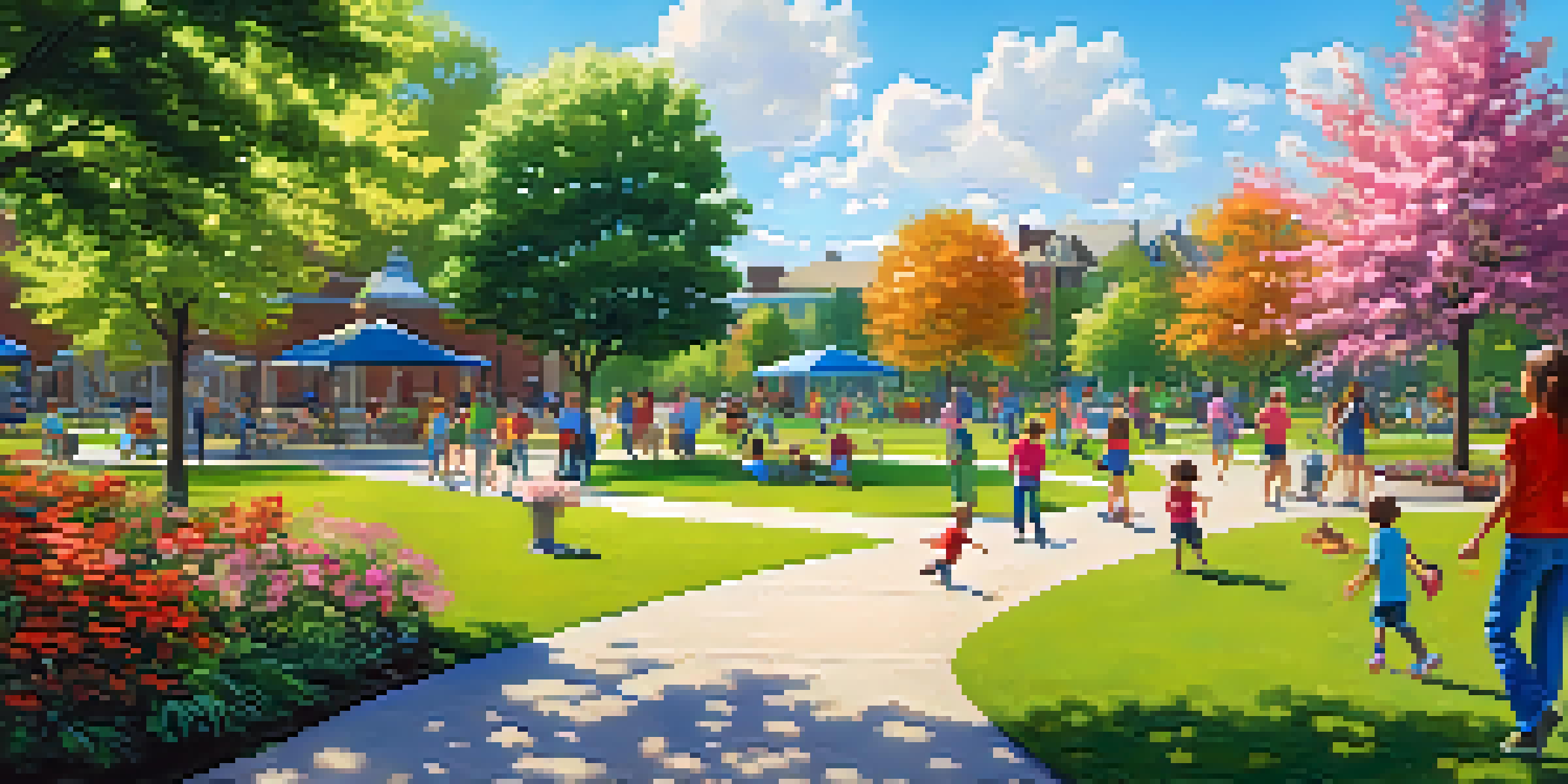 A lively park filled with families enjoying the day. Children are playing, friends are playing frisbee, and beautiful flowers adorn the area.