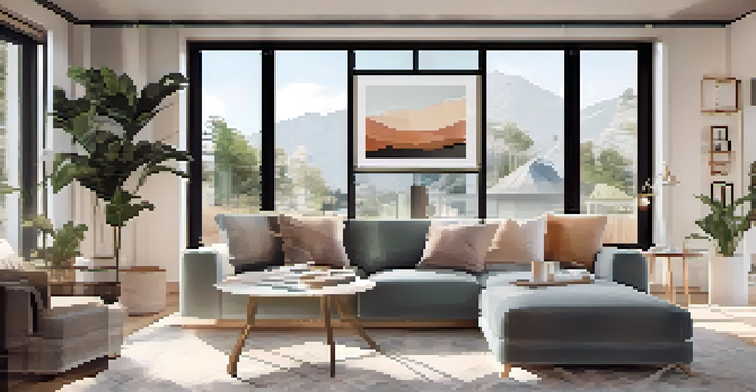 A person using a virtual reality headset in a modern living room, exploring a 3D home design.