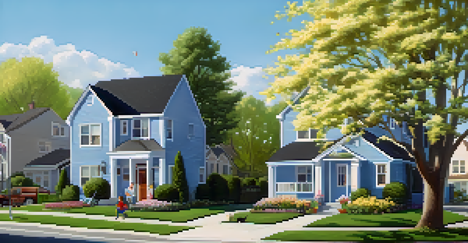 A peaceful suburban neighborhood with single-family homes, blooming flowers, and children playing outside.