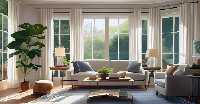 A bright and inviting living room with large windows overlooking a garden, decorated with a sofa, coffee table, and plants.