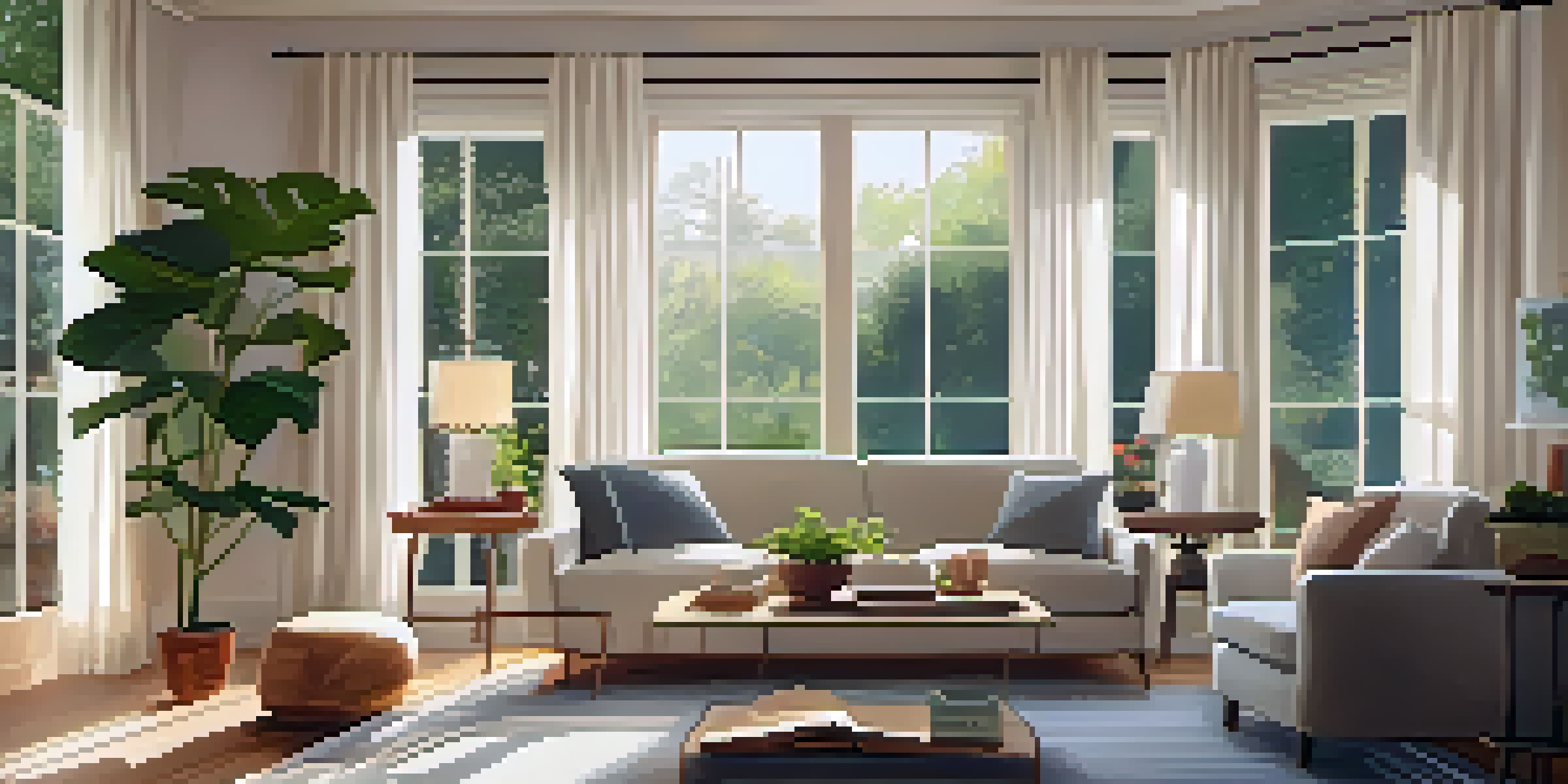 A bright and inviting living room with large windows overlooking a garden, decorated with a sofa, coffee table, and plants.
