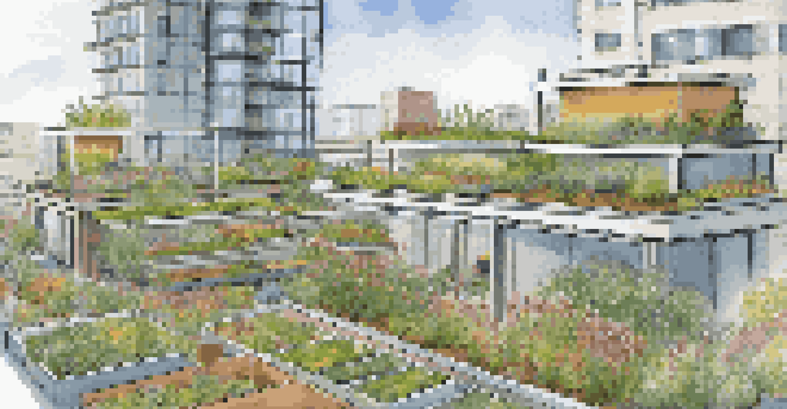 A rooftop garden on a high-rise building with rainwater harvesting features, including plants and a filtration system.