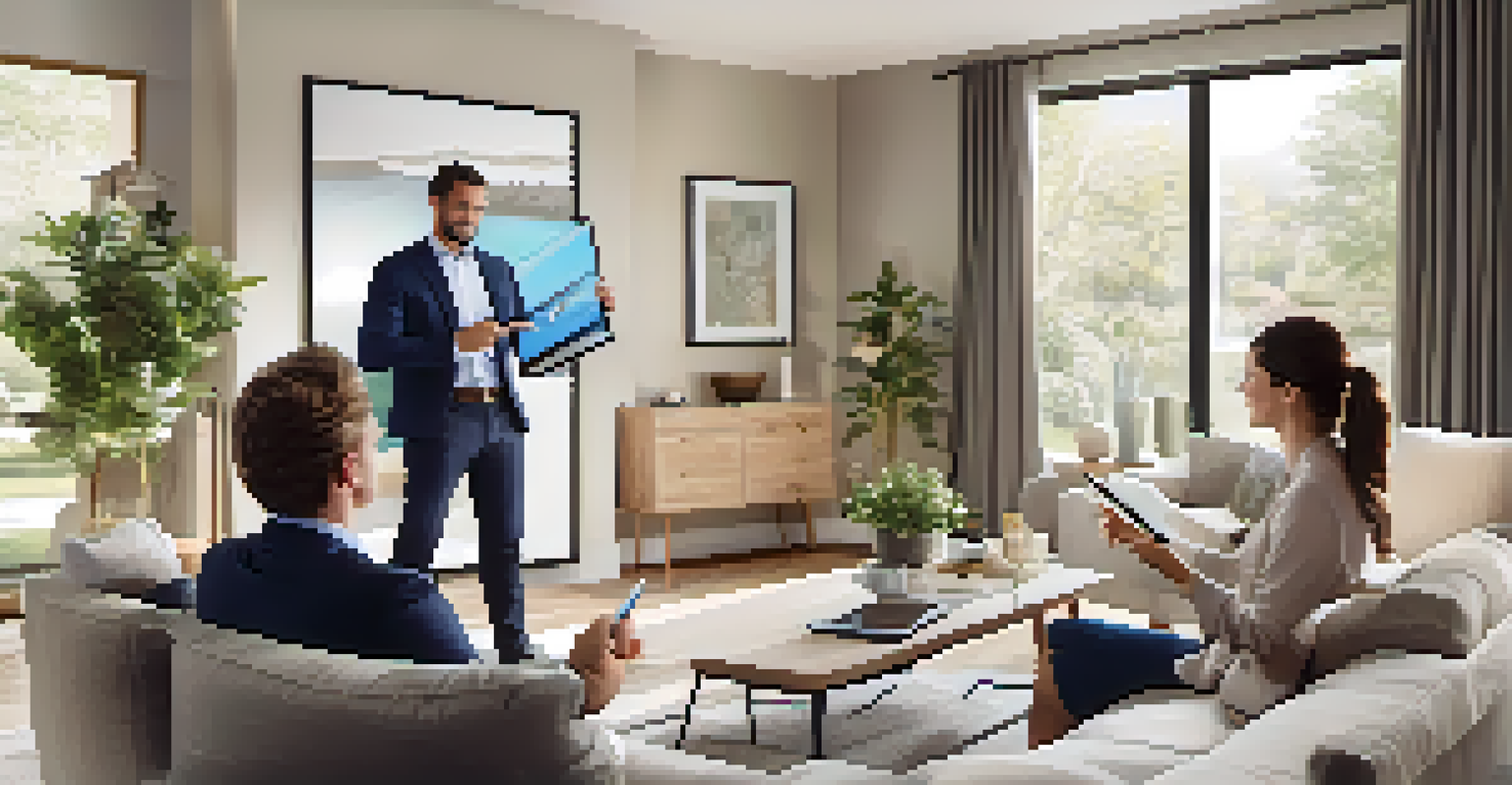 A real estate agent showing home valuation data to a couple in a stylish living room with modern decor.