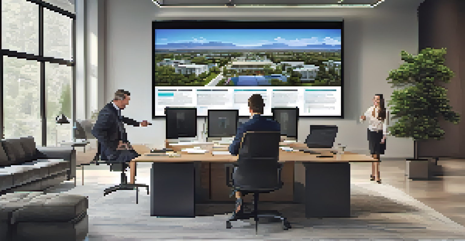 A multi-generational team of real estate investors analyzing property listings on a digital screen in a modern office.