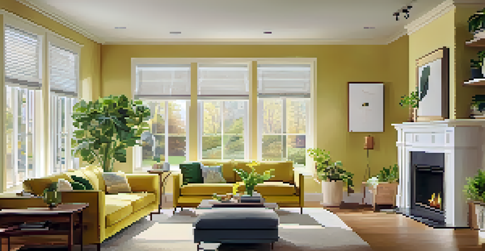 A cozy living room with energy-efficient features including double-glazed windows, LED lights, and a programmable thermostat, decorated with soft furnishings and indoor plants.