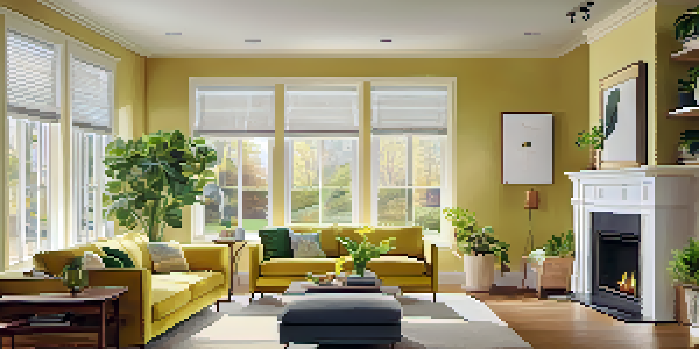 A cozy living room with energy-efficient features including double-glazed windows, LED lights, and a programmable thermostat, decorated with soft furnishings and indoor plants.
